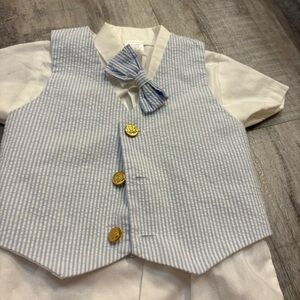 Lit Blue White Bowtie Seersucker Short Suit Set 18-24m